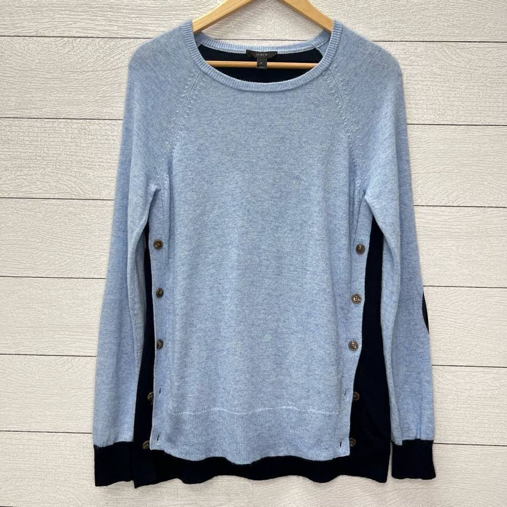 J. Crew Wool Angora Blue Navy Colorblock Pullover Elbow Patch Button Sides Sweat